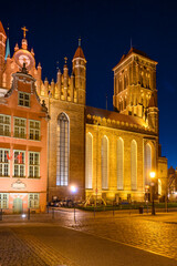 Fototapeta na wymiar The Church of St Mary in Old Town of Gdansk at night. Poland
