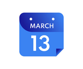 March 13 Date on a Single Day Calendar in Flat Style, 13 March calendar icon