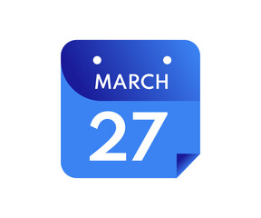 March 27 Date on a Single Day Calendar in Flat Style, 27 March calendar icon