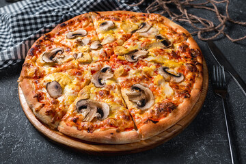 Pizza on black table