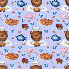 Child seamles  blue pattern with bear, kettle and marshmellow