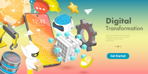 3D Vector Conceptual Illustration of Digital Transformation Areas Which are Big Data, Networking, Automation, Communication, IoT, Robotics, AI, Technology.