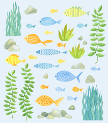 Set with watercolor fishes on blue background. Orange, blue and yellow bright colors, hand draw. Design for backgrounds, wallpapers, prints, covers and packaging