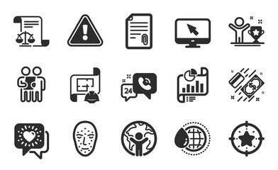 Report document, 24h service and Winner cup icons simple set. Survey, Internet and Payment signs. Legal documents, Attachment and Face biometrics symbols. Flat icons set. Vector