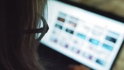girl finishes his research of computer study. concept of perseverance, work from home , smart...