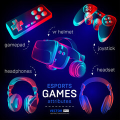 Cybersport games icon set - abstract VR helmet with glasses, headphones, gamepad, joystick. Outline vector illustration of different attributes for retro games and streaming in 3d neon line art style