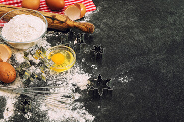 Fototapeta na wymiar Christmas food Baking ingredients and tolls Flour eggs rolling pin