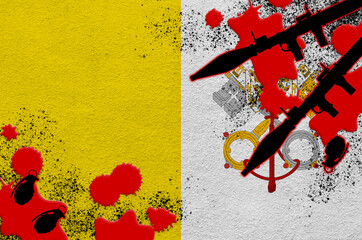 Vatican City State flag and rocket launchers with grenades in blood. Concept for terror attack and military operations