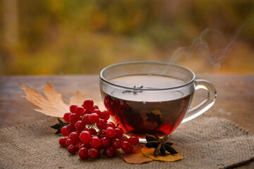 Autumn tea in glass mug on blurred background. A cup of tea with viburnum and anise on wooden table. Herbal tea, treats cold and flu.