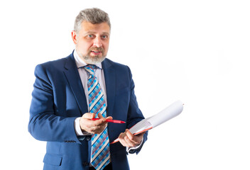 Business trainer emotional studio portrait on white background.