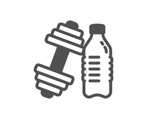 Dumbbell with water bottle icon. Workout equipment sign. Gym fit symbol. Quality design element. Flat style dumbbell icon. Editable stroke. Vector