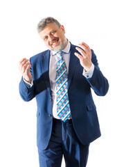 Business trainer emotional studio portrait on white background.