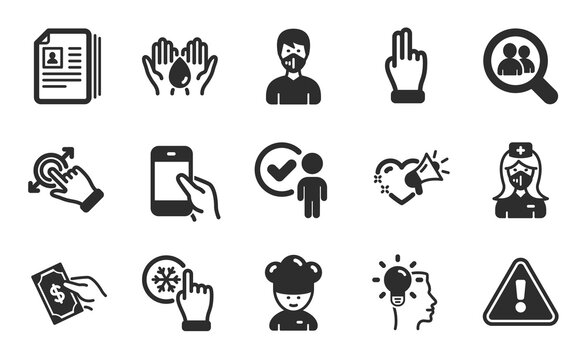 Love message, Pay money and Medical mask icons simple set. Safe water, Freezing click and Search employees signs. Hold smartphone, Verification person and Cv documents symbols. Flat icons set. Vector