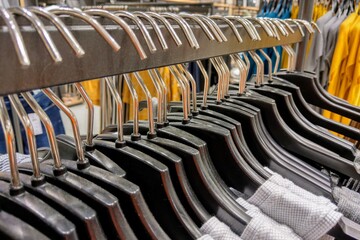 Clothes hang on a shelf in a designer clothes store.