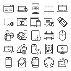 Mobile device line icons. Laptop, Tablet PC and Smartphone icons. HDD, SSD and Flash drive. Headphones, Printer and tablet device. Mouse, ssd disk, mobile laptop. Memory hdd drive. Vector