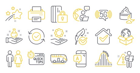 Set of Business icons, such as Bus tour, Roller coaster, 5g wifi symbols. Hypoallergenic tested, Security confirmed, Quick tips signs. Ab testing, Restroom, Chemistry lab. Employee hand. Vector