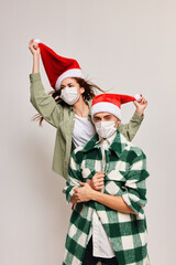 medical mask Happy men and women on family holiday Christmas 