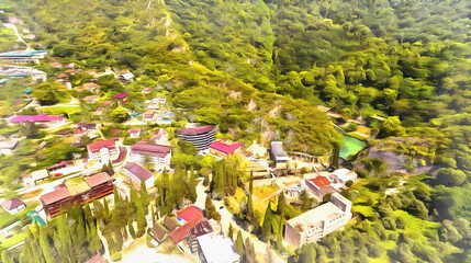 View from drone on Black sea coastal town resort