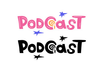 Broadcasting, media hosting. Sounding microphone, media instrument and speech bubble typography doodle drawing isolated on white background.podcast symbol