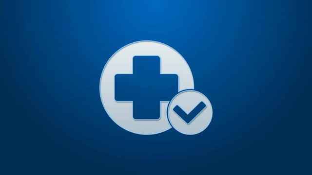 White line Cross hospital medical icon isolated on blue background. First aid. Diagnostics symbol. Medicine and pharmacy sign. 4K Video motion graphic animation.