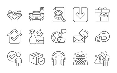 Verification person, Hold heart and Gift line icons set. Refresh bitcoin, Headphones and Parcel insurance signs. Parking, Share mail and Load document symbols. Line icons set. Vector