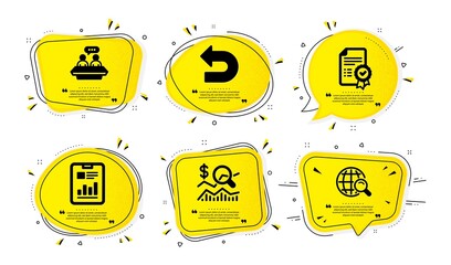 Report document, Certificate and Undo icons simple set. Yellow speech bubbles with dotwork effect. Employees talk, Check investment and Internet search signs. Vector