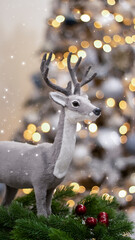 Christmas festive background, fir tree with bokeh lights. Fabulous deer on a bokeh, background for a postcard. New Year's lights.