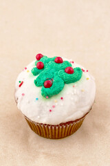 Chocolate muffin cake with light glaze, close up
