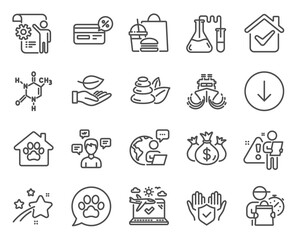 Business icons set. Included icon as Ship, Cashback, Pets care signs. Pet shelter, Leaf, Chemical formula symbols. Scroll down, Spa stones, Settings blueprint. Check investment line icons. Vector