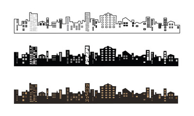 Set of black and brown buildings silhouette