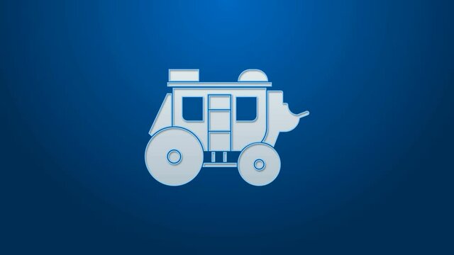 White line Western stagecoach icon isolated on blue background. 4K Video motion graphic animation.