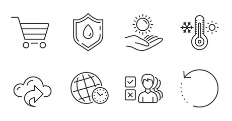 Sun protection, Blood donation and Recovery data line icons set. Thermometer, Market sale and Time zone signs. Cloud share, Opinion symbols. Ultraviolet care, Medicine analyze, Backup info. Vector