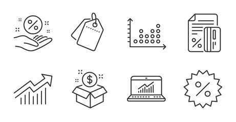Fototapeta premium Dot plot, Demand curve and Loan percent line icons set. Sale tags, Post package and Discount signs. Online statistics, Credit card symbols. Quality line icons. Dot plot badge. Vector