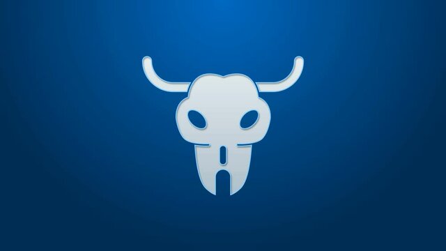 White line Buffalo skull icon isolated on blue background. 4K Video motion graphic animation.