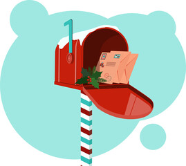 Mailbox with letters for Santa. Classic decorative Christmas red box.