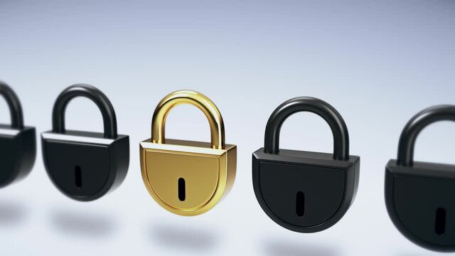 Simple group of black closed locks with one golden lock animation on light background. Access concept 3d render, loop animation.