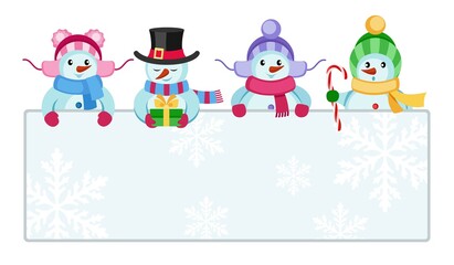 Cheerful snowmen in colorful hats with festive blank poster, greeting card. Place for your text. Merry Christmas and Happy New Year. Holiday Sale, invitations and congratulations. Isolated. Vector
