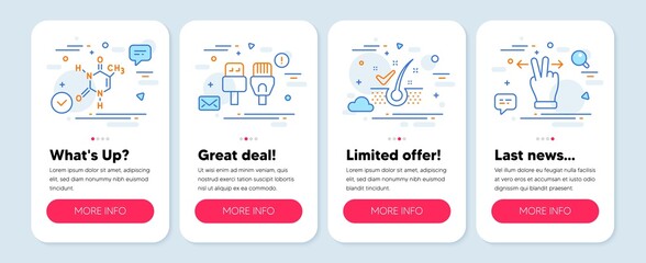 Set of Technology icons, such as Anti-dandruff flakes, Computer cables, Chemical formula symbols. Mobile app mockup banners. Touchscreen gesture line icons. Vector