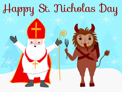 Greeting card with text Happy St. Nicholas day and Saint Nicholas and Krampus cute cartoon characters vector illustration on blue winter snow forest background. Traditional European advent.  
