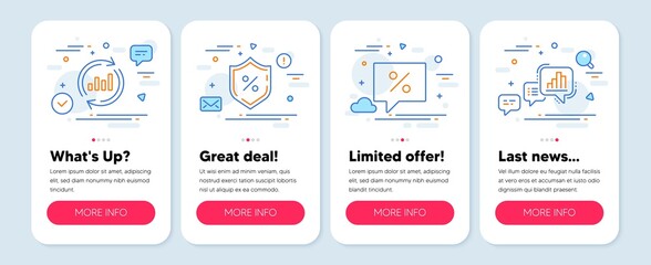 Set of Finance icons, such as Update data, Loan percent, Discount message symbols. Mobile screen app banners. Graph chart line icons. Sales chart, Protection shield, Special offer. Vector