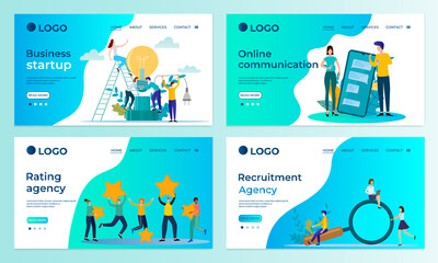 Obraz na płótnie Canvas A set of landing page templates.Business start-up, online communications, recruitment and rating Agency.Templates for use in mobile app development.Flat vector illustration.