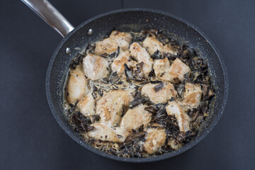 Chicken breast pieces in a pan made only with salt and white pepper with mushrooms on a dark ambient backdrop