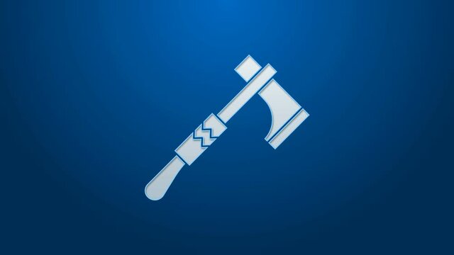 White line Native american tomahawk axe icon isolated on blue background. 4K Video motion graphic animation.