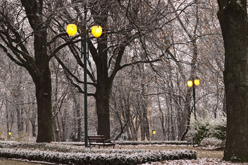 Yellow lanterns in the city park contrasting with the white snow covering greenery and trees