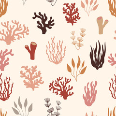 Seamless marine pattern of underwater plants and coral reefs. Terracotta nautical background with seaweeds in hand drawn sketch style