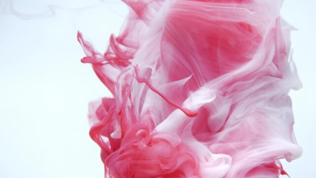 Colorful red and white paint drops from above mixing in water. Ink swirling underwater. Cloud of ink isolated. Colored abstract smoke explosion animation.