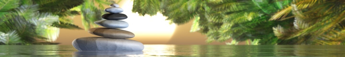 A pyramid of stones on water, a pyramid of stones at sunset, a pyramid of stones on a green blurred background, 3D rendering