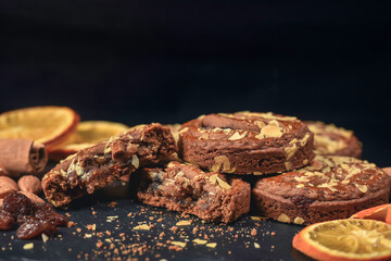 Cake chocolate pies on stone background.