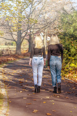 Pair of girls is walking together through an autumn park. They walk away from the camera. Vertically. 