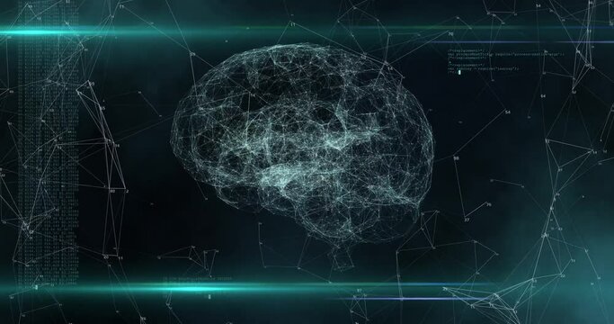 Digital animation of digital brain rotating while surrounded by glowing lines and program codes move in the screen